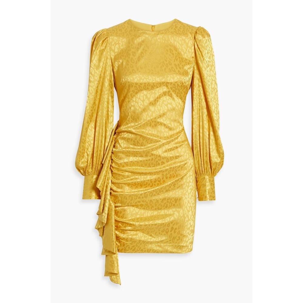 One33 Social Yellow Satin Leopard Jacquard Puff Sleeve Draped Mini Dress 10